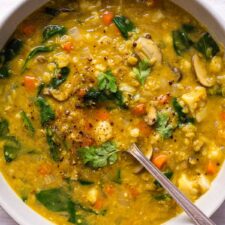 Red lentil dahl with spinach.