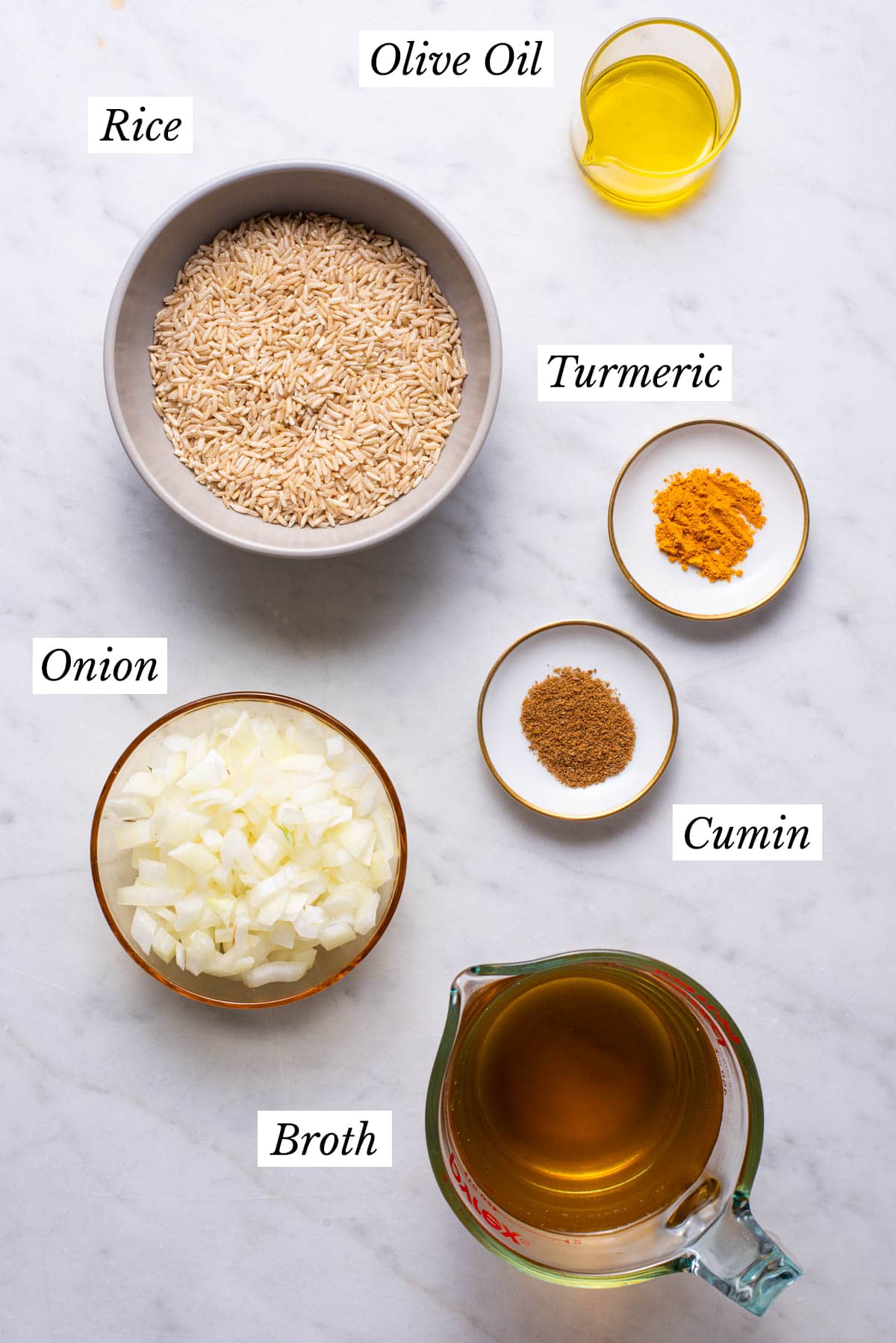 Ingredients gathered to make Indian yellow turmeric rice.