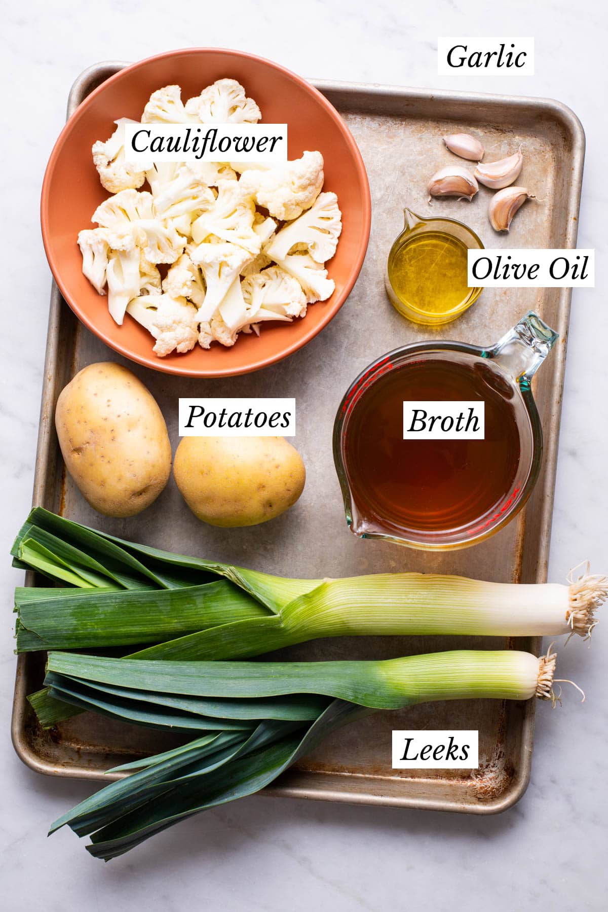 Ingredients gathered to make cauliflower potato leek soup.