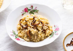 Vegan mushroom-miso risotto garnished with shiitake 