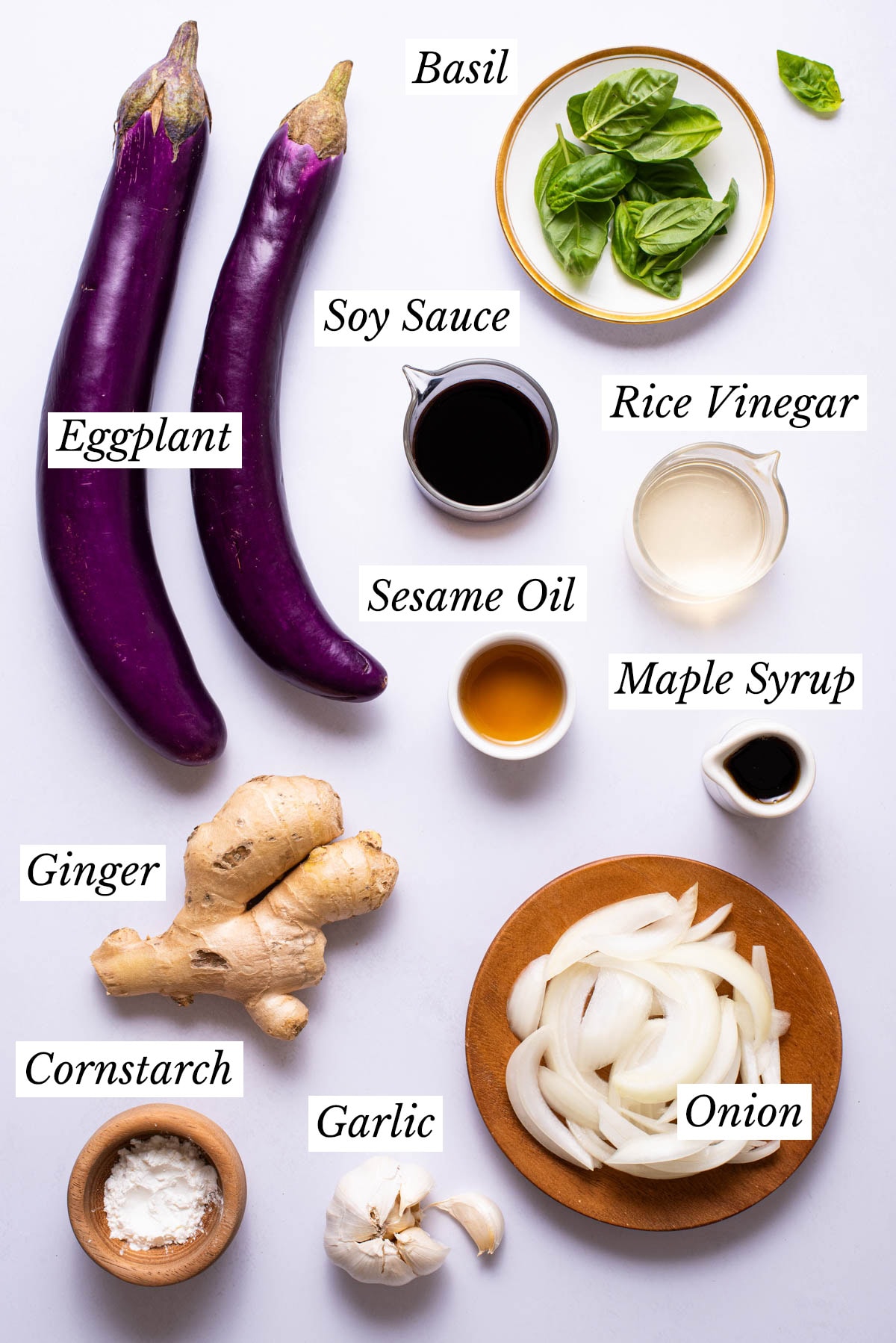 Ingredients gathered to make Chinese-style eggplant stir-fry.